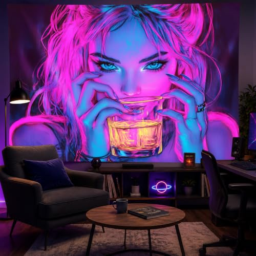 Image of BlissYard Blacklight Anime Girl Tapestry 78x59 Inch Girl Poster | Cool Cute Woman UV Reactive Wall Hanging, Glow in The Dark Aesthetic Poster for Bedroom Room Party Backdrop Bar Decor
