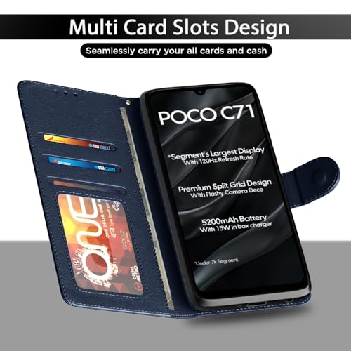 Image of Amazon Basics Flip Cover for Poco C71 / Redmi A5 Leather Finish | Wallet Stand and Shock Proof | Inside TPU with Card Pockets | Complete Protection Flip Case(Blue)