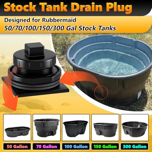 Image of Stock Tank Drain Plug and Outdoor Water Tank Heaters Fit for rubbermaid Commercial 50 70 100 150 300 Gallon Stock Tanks Five Year Free Replacement