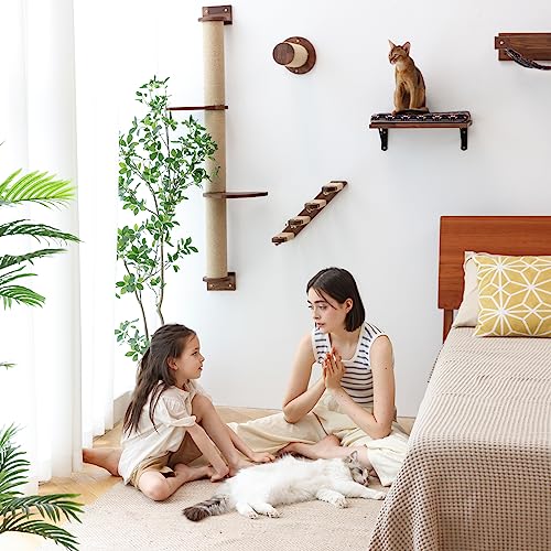 Image of FUKUMARU Cat Wall Shelves, Walls Furniture with Sisal Mat, Solid Rubber Wood Floating Shelf, Kitten Window Perch for Sleeping, Playing and Scratching (Retro Style Mat, 15.7 inch L x 10 inch W x 4.5 inch H)