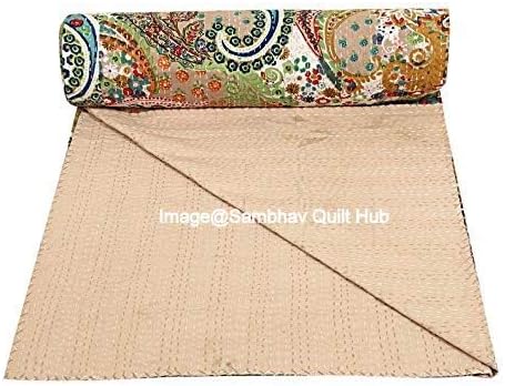 Queen/Twin/King Quilting Indian Handmade Paisley Print Kantha Quilt Cotton Kantha Blanket Bed Cover Sofa Cover Kantha Bedspread Bohemian Bedding (60X90 inch)