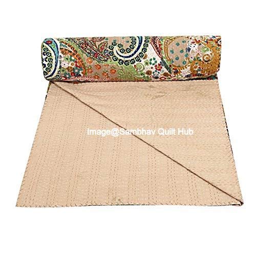 Colcha reversible con estampado de paisaje, tamaño King, tamaño doble, diseño de Gudri Kantha, tamaño doble, estampado floral y paisano, funda de sofá de punto kantha (beige, King 90108 pulgadas)