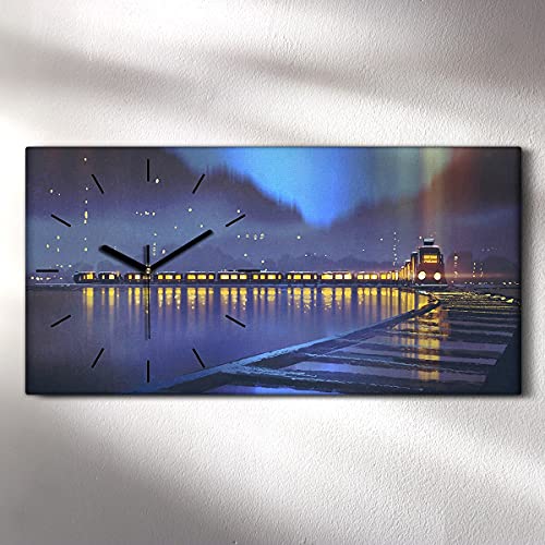 Horloge sur toile haut de gamme 60x30cm tableau lumineux train de nuit art moderne
