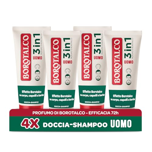 Borotalco, Bagnoschiuma Corpo Original, Docciaschiuma per Pelle Morbida e Vellutata, Effetto Borotalco sulla Pelle, Ideale per Uomo e Donna, Dermatologicamente Testato, 4 Flaconi da 200 ml