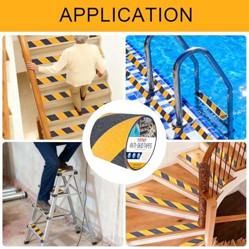 Image of Black & Yellow Anti-Slip Stair Treads Tape, 4 inch x35FT Heavy Duty Non-Skid Grip Tape for Indoor /Outdoor Steps, Bathroom & Pool - PVC Waterproof Safety Traction Tape