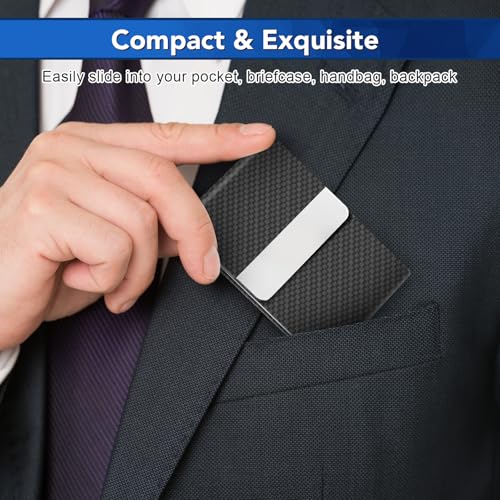Image of Business Card Holder, Metal Slim Business Card Case, Pocket Card Holder for Women or Men, PU Leather Business Card Holder Case RFID Blocking Name Card Holder with Magnetic Closure, Black Carbon