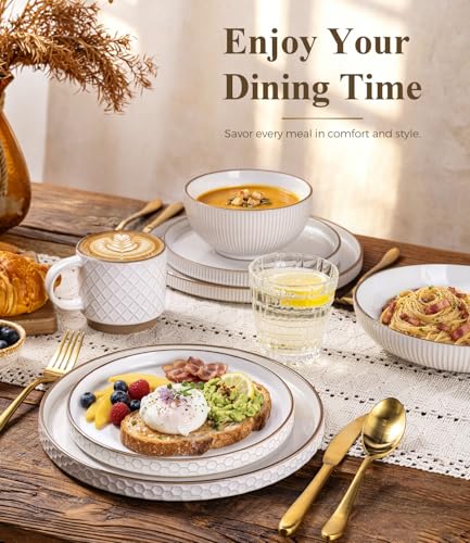 Image of GBHOME Stoneware Dinnerware Sets Service for 4, 12 Piece Embossed Plates and Bowls Set, Elegant Ceramic Dish Set, Chip Resistant, Microwave & Dishwasher Safe, Off white(stackable)
