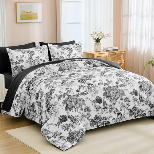 Image of DJY Black Comforter Set Queen, 7 Pieces Black and White Botanical Comforters Queen Size Elegant Plants Print with Sheets Bed in a Bag Soft Microfiber Reversible Complete Bedding Sets for All Season