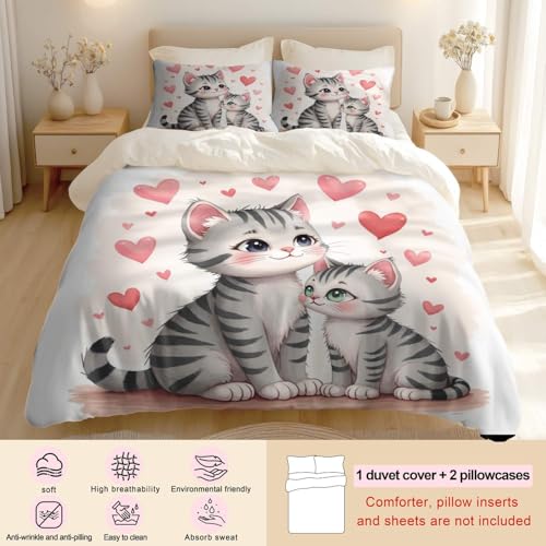 Housse de couette chat mignon imprimé lit double motif cœur rose