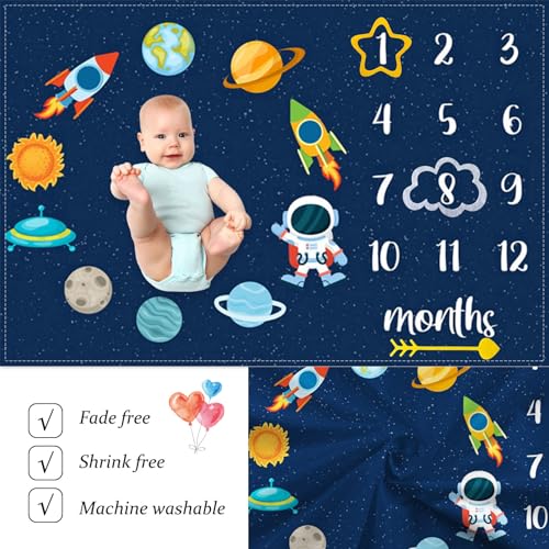 Image of Space Baby Monthly Milestone Blanket Astronaut Star Decor Photography Background Newborn Growth Record Prop Blanket 60 inchx40 with Frames