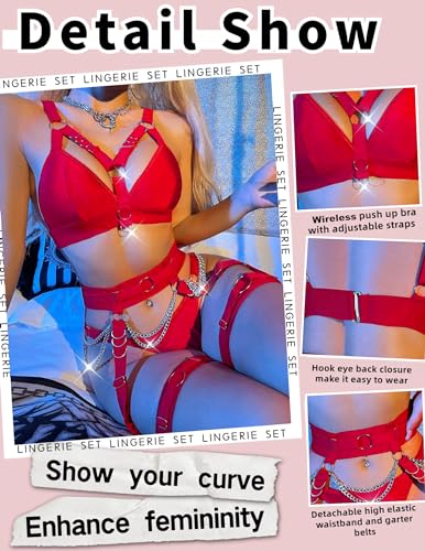 Image of Alrovetoney Sexy Lingerie Set For Women With Garter Belt 5 Pieces Strappy Bra and Panty Set Adjustable With Chain