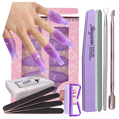 10 PCS Nail Polish Remover Clips - 540pcs Lint Free Nail Wipes Cuticle Pusher Nail Brushes Double Sided Nail File Nail Buffer Nail Polish Remover Kit - (20)