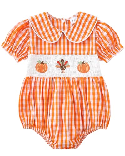 Image of Yvowming Halloween Baby Girl Outfits Pumpkin Bubble Romper Newborn Thanksgiving Smocked Clothes Infant Checkered Bodysuit
