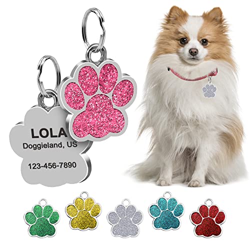Paw Sparkly Shape Dog ID Tag Stainless Steel Custom Laser Engraved, Cute Bling Glitter Pet Name Tags Personalized with Durable Engraving