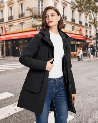 33,000ft Damen Wintermantel Lange Warme Winterjacke Parka Regenjacke Verdickene Funktionsjacke Mit Kapuze Übergangsjacke Outdoorjacke, Schwarz 2XL