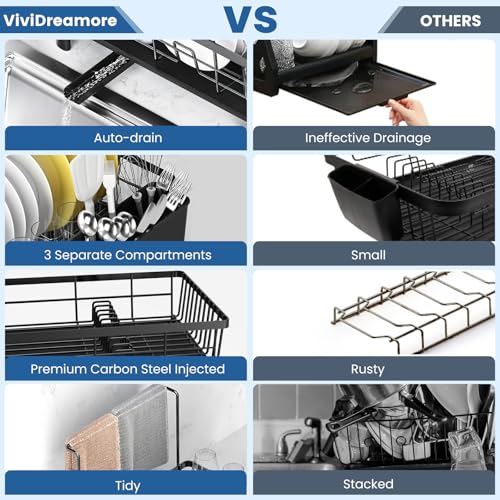 ViviDreamore Abtropfgestell Geschirr mit Besteckhalter & Handtuchstange, 360°Drehbarem Auslauf, Rostfreier Carbonstahl, Platzsparender Küchenorganizer für Teller Tassen Besteck Schwarz (Größer)
