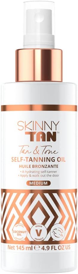 Skinny Tan Tan and Tone Self-Tanning Oil – Spritz, Go, and Glow – No Need to Rinse – Hydrating and Toning Formula – For Healthier Looking Skin – Blurs Appearance of Stretch Marks – Medium – 4.9 oz