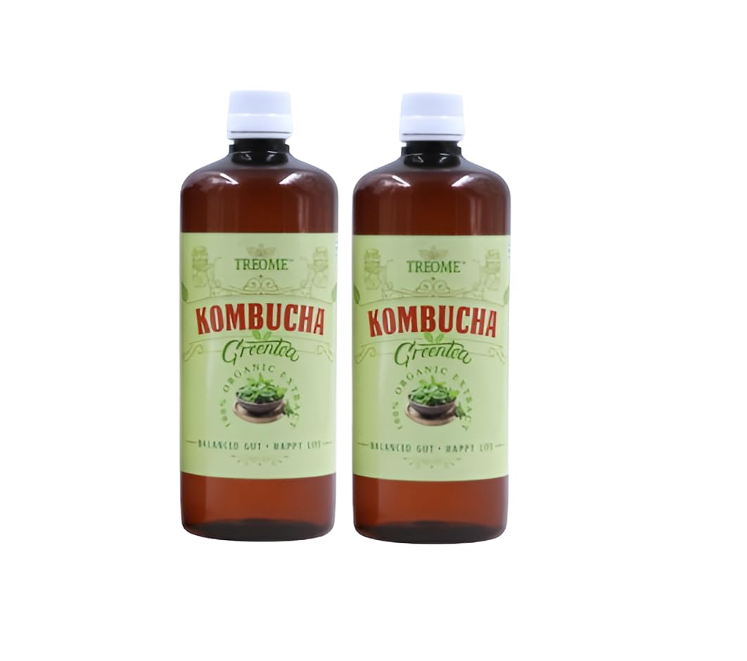 Treome Tulsi Flavoured Kombucha Green Tea, Organic, Prepared and Infused with Natural Tulsi Leaves, Probiotic-Rich, Natural Green Tea, Refreshing Detox Drink Pack of 2 Net 500ml Each