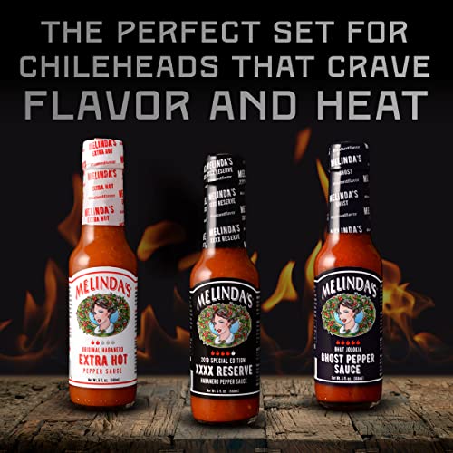 Image of Melinda's Hot Sauce Variety Pack - Extra Spicy Gourmet Hot Sauce Gift Set with Variety of Heat Levels - Includes Extra, XXXXtra Reserve, Ghost Pepper - 5 oz, 3 Pack