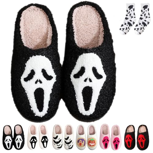 Jfxgjuv Scream Ghostface Slippers, Ghostface Slippers, Ghostface Halloween Slippers Soft Plush Comfy Scream Slippers Slip-On Cozy Indoor Outdoor Slippers