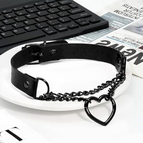 XUZOPIM Schwarzer Gotischer Choker Halskette mit Herzen-PU-Leder-Kette - anpassbarer Retro-Kragen für Frauen und Mädchen