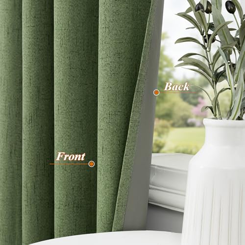 Image of 100% Blackout Linen Textured Curtains for Bedroom Full Light Blocking Room Darkening Bronze Grommet Window Drapes Thermal Insulated Energy Efficient Home Decor 52x84 Olive Green (2 Panels)