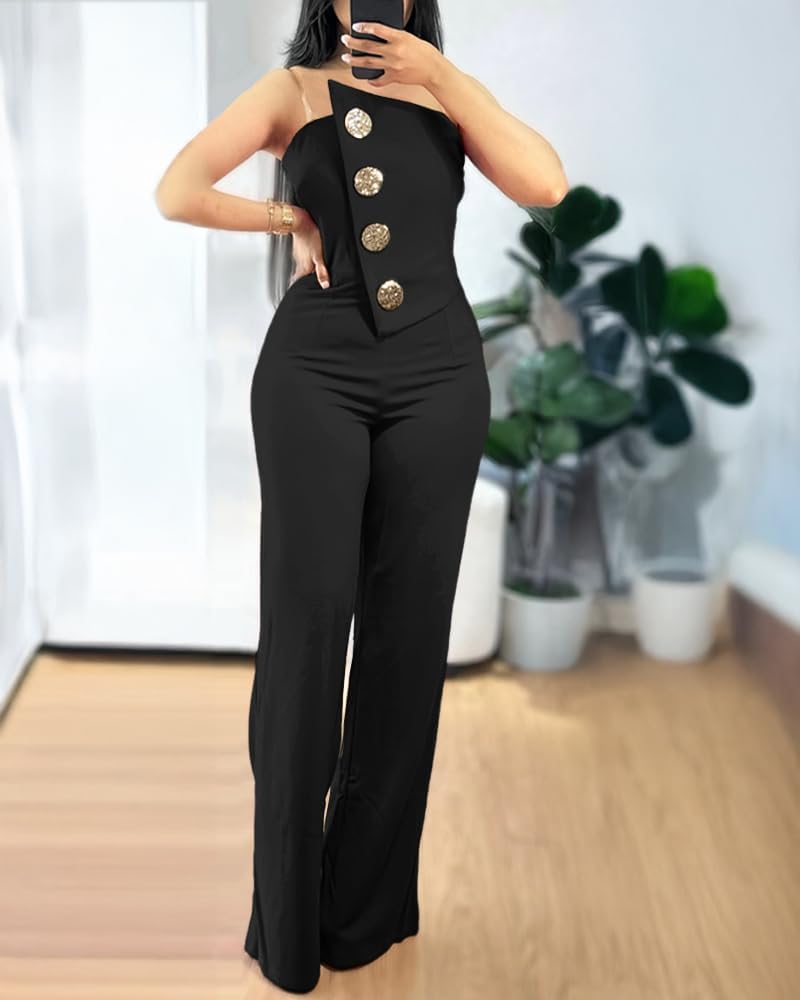 CHICME Tuta da donna senza spalline con bottoni in metallo e gamba larga