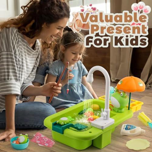 FRUSE Kinderwaschbecken Spielzeug,Spielspüle Spielzeug mit Elektrischen Wasserhahn,Spielzeugzubehör für die Spielküche,Wasserspielzeug,Angelspielzeug,Waschbecken für Kinder ab 3 Jahre(Grün)