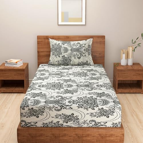 Image of Swayam Roto Cotton Single Bedsheet with 1 Pillow Cover | Size 60 x 90 inch | 144 TC | Floral Design | Soft Breathable Bed Sheet | Comfortable & Durable for Bedroom - Grey