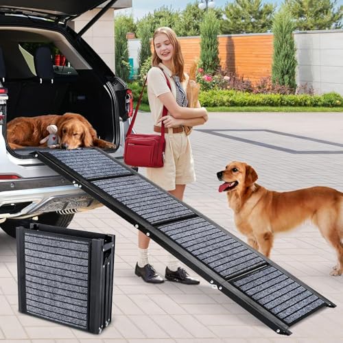 170CM Foldable Dog Car Ramp, 43cm Widen Dog Steps for Large Dogs with Non-Slip Surface, Portable Aluminum Folding Pet Ramp for Dogs, Lightweight Dog Stairs for Cars SUV & Trucks, Supports up to 110KG