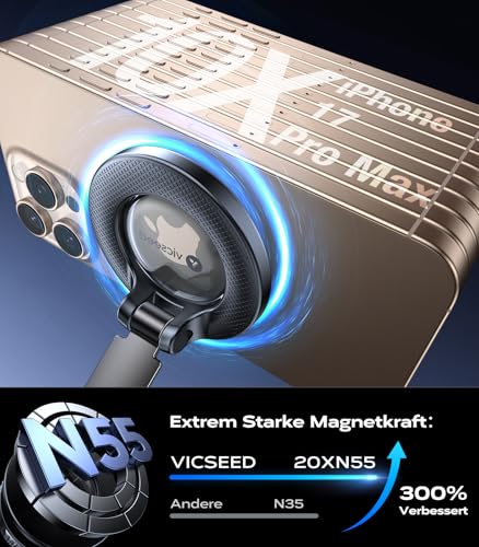 VICSEED Militärische Handyhalterung Auto Magnet für Magsafe Autohalterung [20XN55 Magnets & 20KG Vakuum Saugnapf] 360°Drehbar Magnetische Kfz Handy Halterung Auto für iPhone17 Pro Samsung Alle Handy