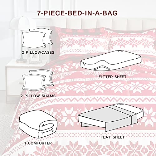 Joyreap 7 Piece Bed In A Bag King, Christmas Theme Red And White Snowflake Pattern, Microfiber Comforter Set For All Season- 1 Comforter, 2 Pillow Shams, 1 Flat Sheet, 1 Fitted Sheet, 2 Pillowcases #TOP7