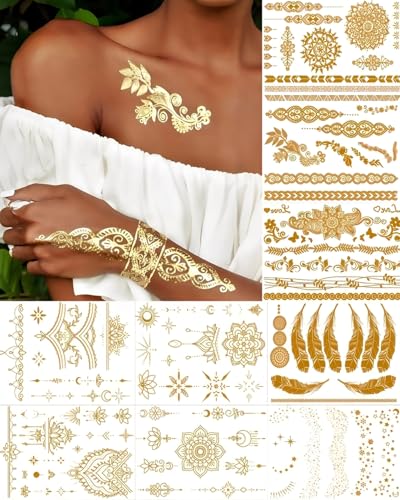 9 Sheets Gold Metallic Temporary Tattoos Metallic Tattoos Waterproof Fake Tattoos Feather Mandala Floral Designs Tattoo Sticker Gold Party Supplies Gifts