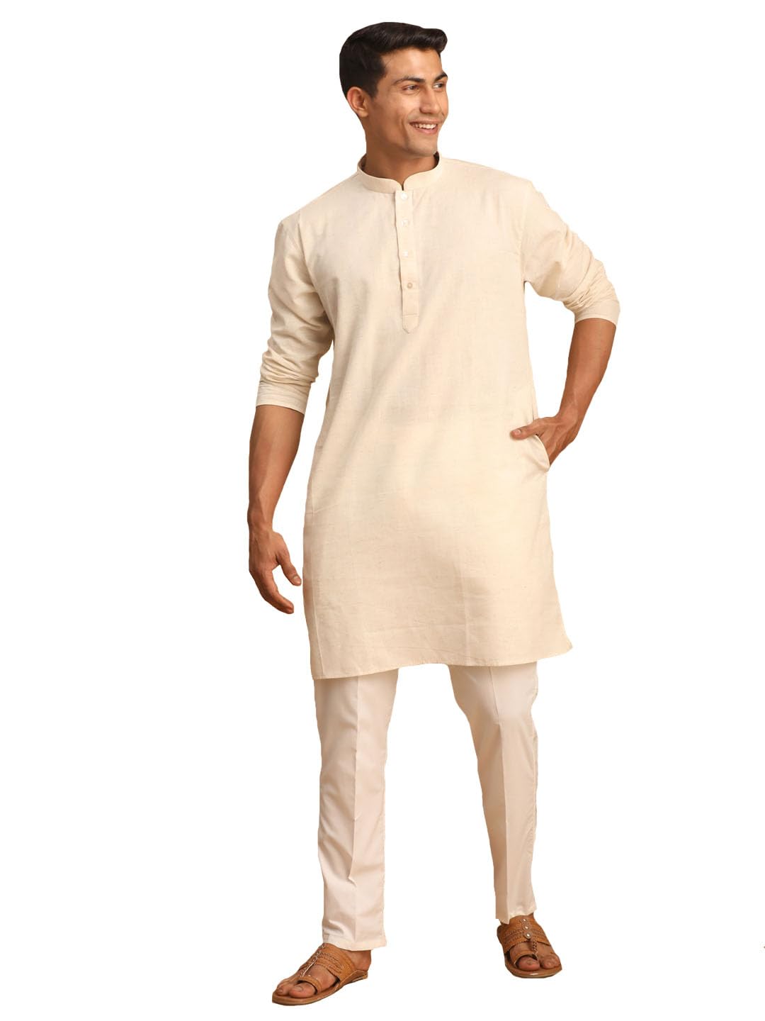 Men's Cotton Solid Cream Short Kurta With Pant Style Pyjama-image-45