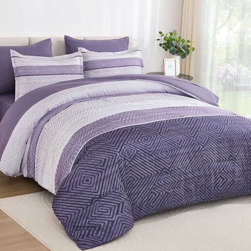 Drucon Purple Comforter Set King Size 7 Piece Bed in a Bag Boho Striped Bedding Set Soft Microfiber Comforter and Sheet Set for All Season (King 104x90)