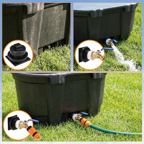 Image of Stock Tank Plug Kit for Rubbermaid 50、70、150、100, 300 Gallon Stock Tank ≥ 2 in Holes Stock Tank Plug Replacement, and 1-1 /4 inch x 3 /4 inch Adapter with 3 /4 inch Brass Hose Faucet Garden Hose Connector