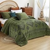 Cmfshape Luxurious Velvet Comforter Set Double-Sided,Bohemian Embroidered Olive Green Bedding,Ultra Soft Lightweight 3-Piece Set,King 104'x90'