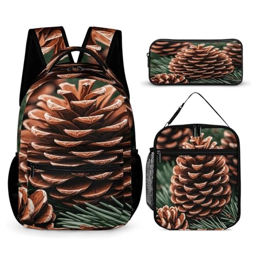 3Pcs Backpack Sets Rustic Brown Pinecone Print Travel Daypack 3 in 1 Lightweight Backpack Set with Lunch Bag And Cosmetic Bag