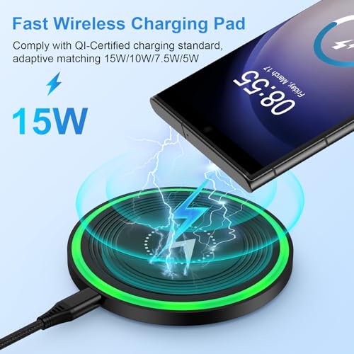 Fast Wireless Charger Samsung Induktive Ladestation für Samsung Galaxy S25 Ultra/S24 FE/S23/S22/S21/S20, 15W Schnelles Kabelloses Ladegerät Handy Ladestation für Google Pixel 10 Pro/10/9 Pro/9a/9/8/7