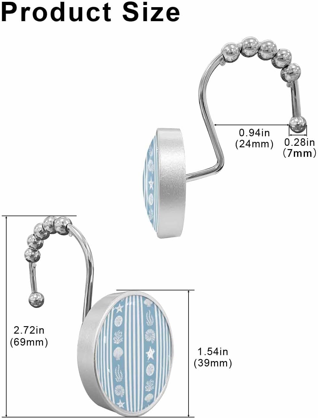 Shower Curtain Hooks 12 Pcs Summer Starfish Seashell Coral Blue and White Striped Stainless Steel Rust Proof Rolling Shower Curtain Rings, Decorative Shower Curtain Hooks Hangers for Bathroom