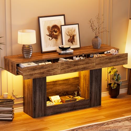 PAKASEPT 63 Inches Long Console Table with Hidden Safe, Colorful LED Lights and 3 Drawers, Farmhouse 2-Tier Entryway Table with Hidden Compartment for Gun Storage for Hallway, Living Room