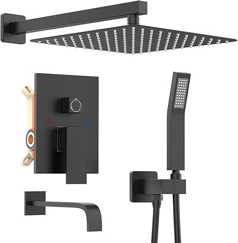 Miniatura 26 de Sistema de ducha termostático de 10 pulgadas, cabezal de ducha de lluvia de 10 pulgadas, rociador de mano de 3 ajustes, juego completo de baño