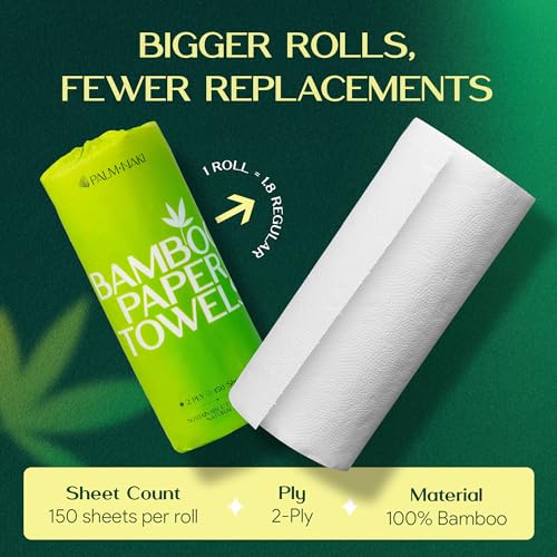 100% Bamboo Paper Towels | Lint-Free, Eco-Friendly, Tree-Free | 2-Ply Kitchen Paper Towel | Food Grade – FSC-Certified, BPA/PFAS-Free | 3 Mega Rolls – 150 Sheets/Roll | PALM NAKI