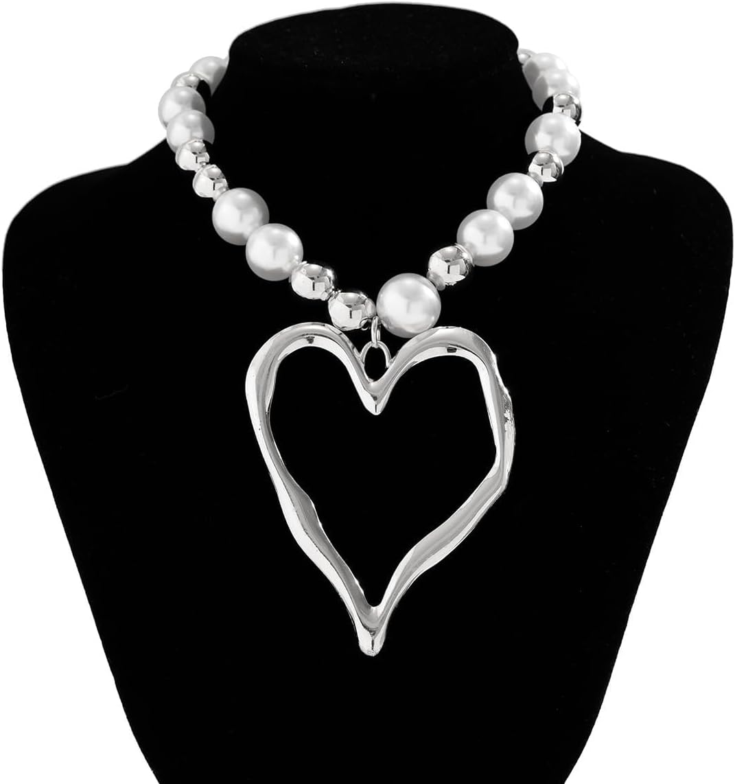 Y2k Large Heart Necklaces for Women Chunky Love Pearl Ball Beads Choker Necklaces Exaggerated Big Hollow Heart Pendant Necklace Statement Jewelry Gifts - Image 7