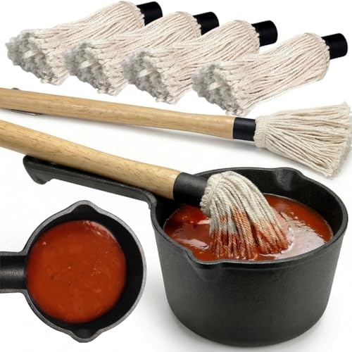 Eorbow 7 Pack Cast Iron Sauce Pot and BBQ Mop Brush Set 13.5 OZ Small Basting Pot & Sauce Mop for Grilling 2 Long Handle BBQ Mop with 4 Replacements Barbecue Tool Set for Meat Smoker Stove