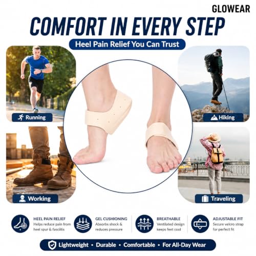 Image of Glowear Silicone Gel Heel Cups & Heel Pads for Heel Pain Relief | Plantar Fasciitis, Heel Protector for Men & Women | Breathable Cushion Support | Washable & Reusable | Beige, Small