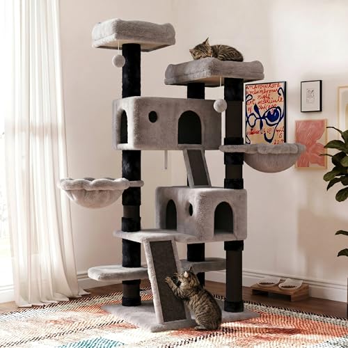 Image of SHA CERLIN 65in Larger Cat Tree Tower Condo for Indoor Kitties /Multi-Level Furniture Activity Center with Wide Base /Cozy Plush Perches /Baskets /Sisal Scratching Posts and Hammock /Black & Grey