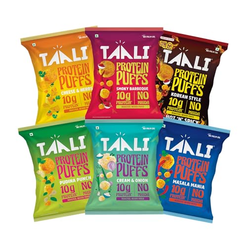 Image of Taali Protein Puffs - Try All Flavors |Roasted-Not Fried| 100% Veg |No Palm Oil, No Maida, No Preservatives|Cheeseballs 2.0, 60gm (Pack of 12)(Masala Mania, Cheese & Herb, Smoky Barbeque, Pudina Punch,Cream & Onion, Korean Puff - 2 Pieces each)