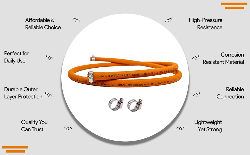 Image of INUS Ready to Use Reinforced LPG Rubber Hose PipeLeak Proof, Made with Reinforced Steel Wire Flame Resistant Design Perfect for Gas Stove with Durable Clamp 1.5m