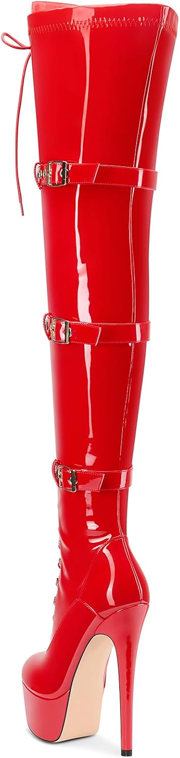 Castamere Women's Over The Knee Thigh High Boots Stiletto Platform Round Toe Lace-up Buckle Zipper Party Dance Boots 5.9 Inches Heels